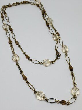 Dainty Gold Oval Links Amber Teardrop Beads and Faceted Round Bead 34" Necklace